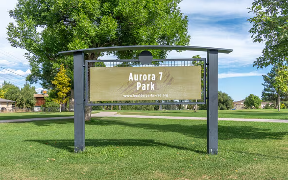 Aurora 7 Park in Boulder, Colorado — official City Parks & Rec identification sign for the neighborhood park named after Scott Carpenter's 1962 Mercury capsule
