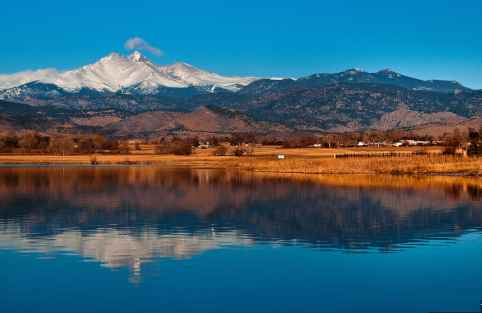 McIntosh Lake in northwest Longmont, Colorado — Longs Peak and Mount Meeker reflected in still water