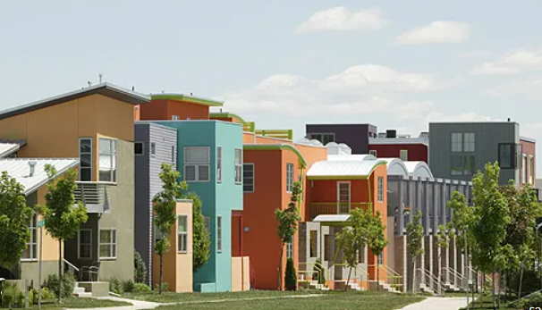 Prospect New Town in south Longmont, Colorado — colorful modern homes on narrow walkable streets