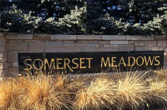 Somerset Meadows entrance sign in southwest Longmont, Colorado