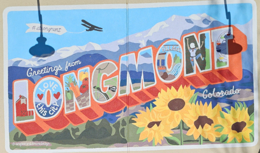 Greetings from Longmont, Colorado — hand-painted welcome mural with sunflowers and the Front Range